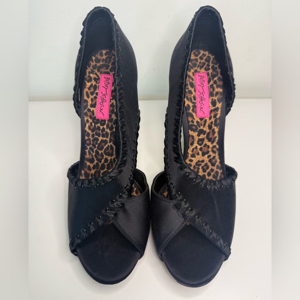 Betsey Johnson Black Satin Ribbon Heels, EUC, 9 1/2 M